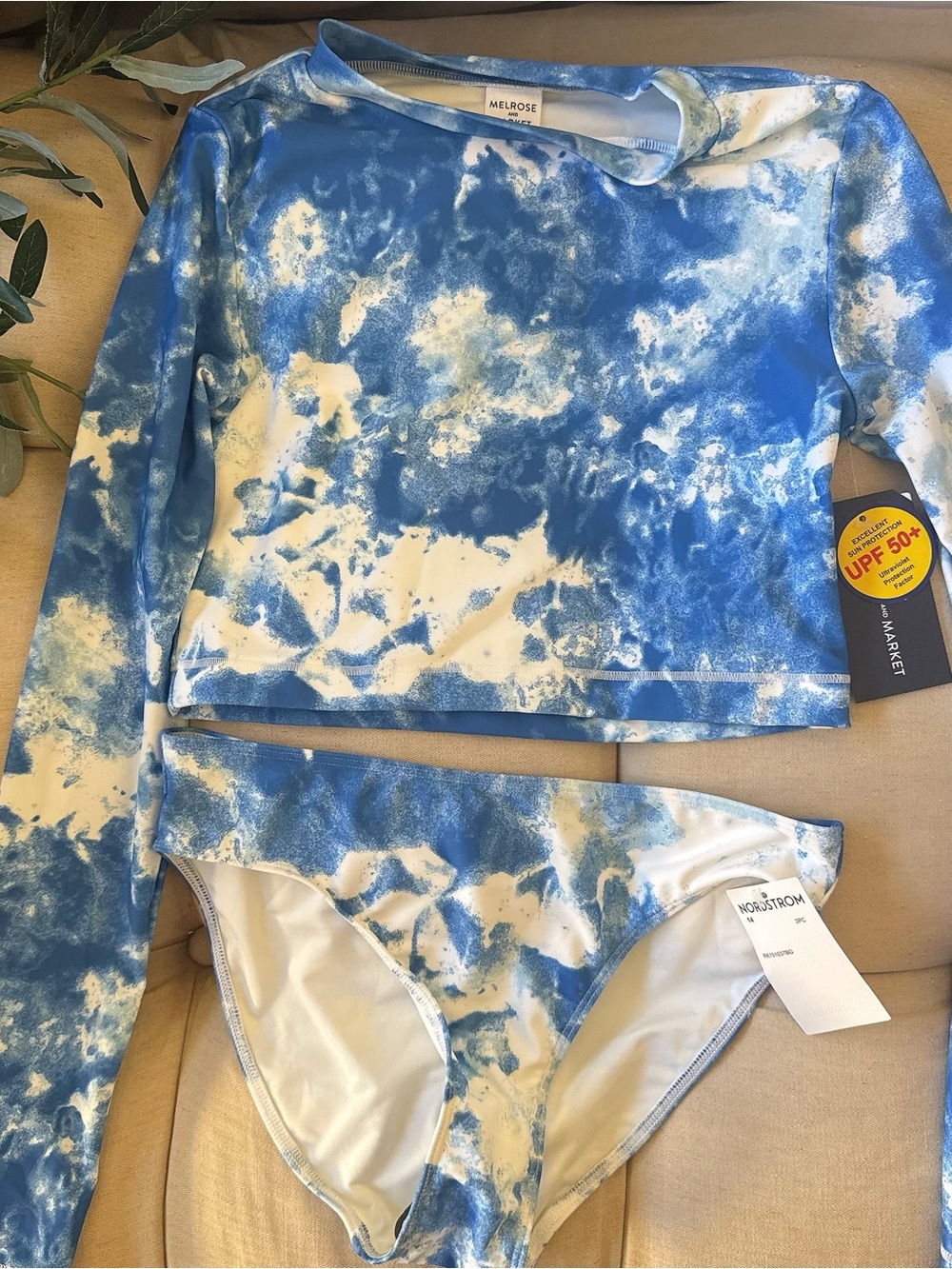 Nordstrom Girls Blue Tie-Dye Rash Guard Swimsuit Set size 14